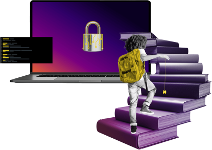 Person with a backpack and yoyo going up a staircase of books toward an unrealistically large laptop with a lock icon on the screen