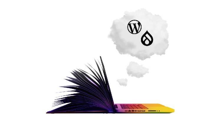 An open laptop with the WordPress and Drupal logos emerging from it