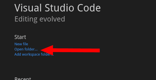 The Open folder option from the Visual Studio Code Start screen