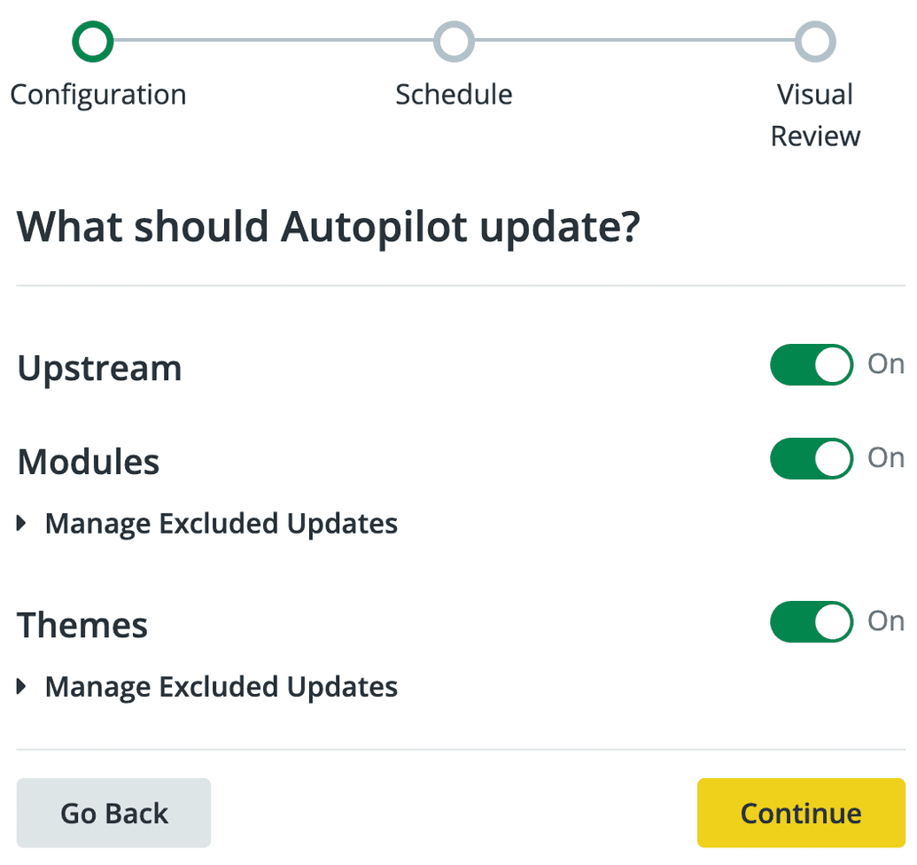 Autopilot Setup - Configuration screen. Select whether Autopilot should track changes to the Upstream, plugins, or themes.