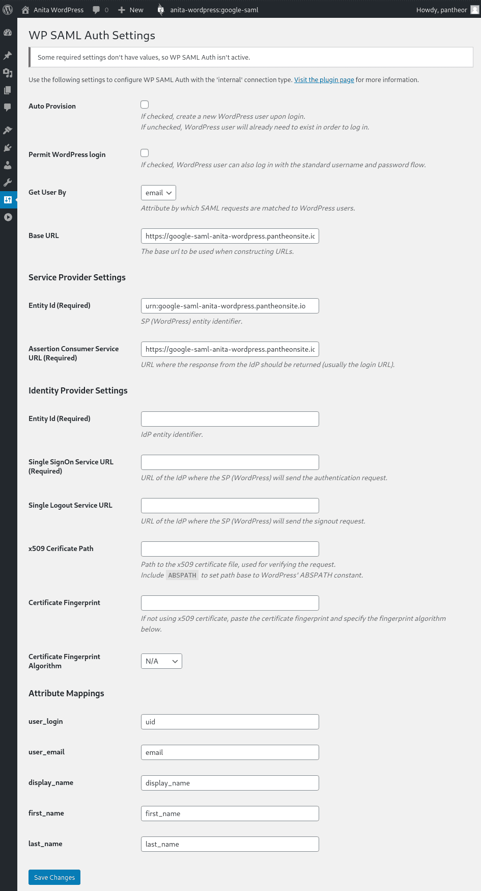 The WP SAML Auth Settings page immediately after install
