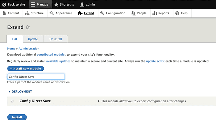 Drupal Admin interface showing the Extend page to install the module Config Direct Save