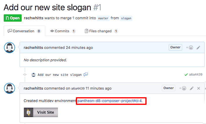 Visit Site button in pull request comment
