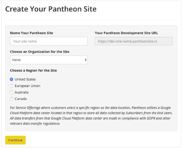 Create Your Pantheon Site page