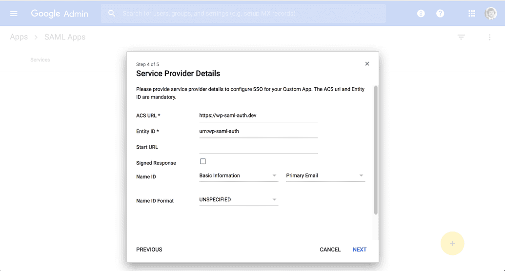 Google App SAML Service Provider Details