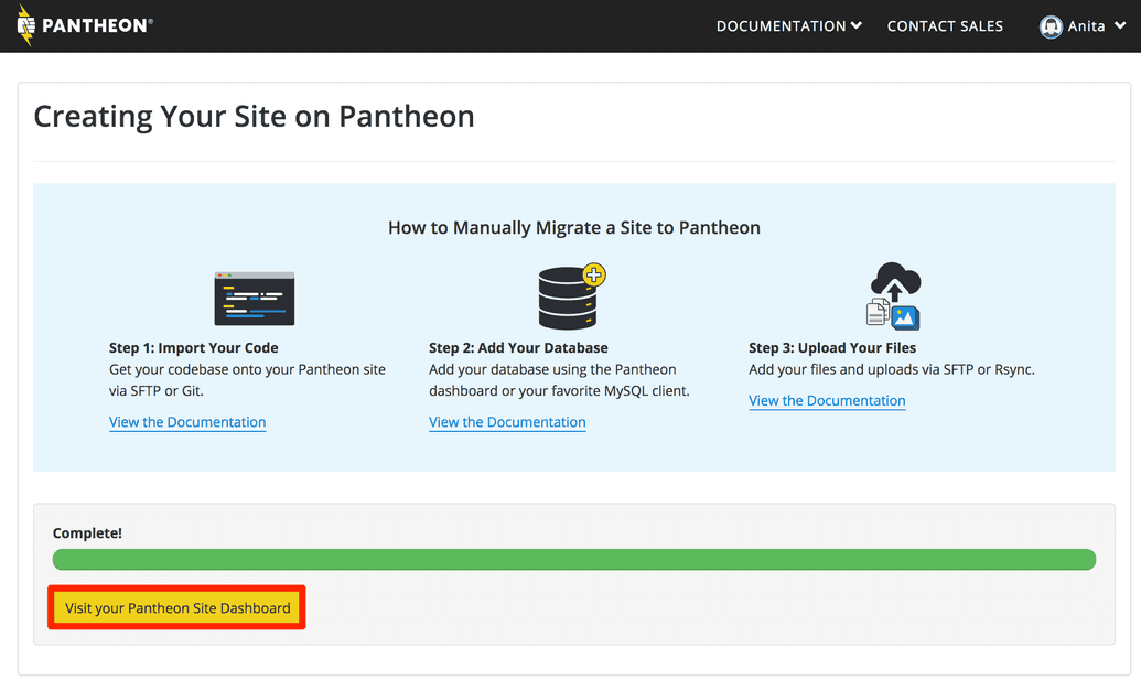Creating Your Site on Pantheon Complete for manual migration