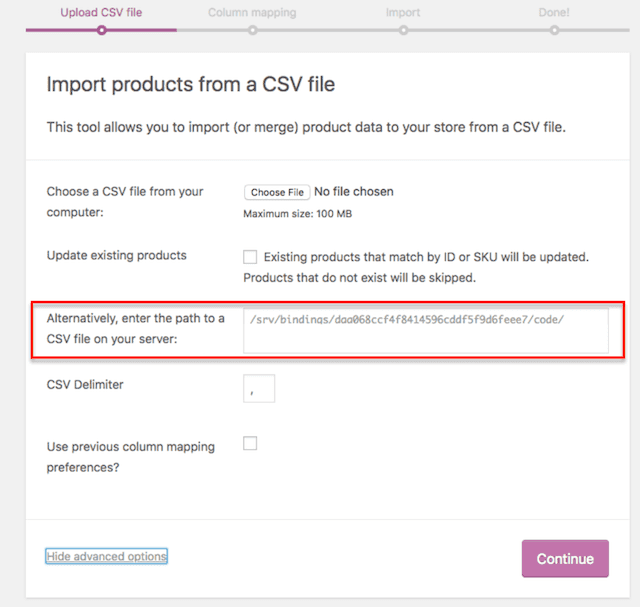 Enter the path to the CSV on the Import products from a CSV file page