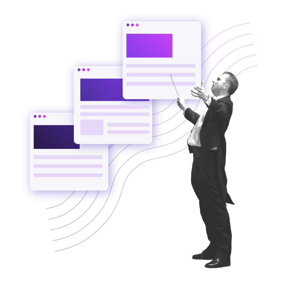 A collage of web browser windows floating around a person in a suit, resembling a conductor orchestrating content management.