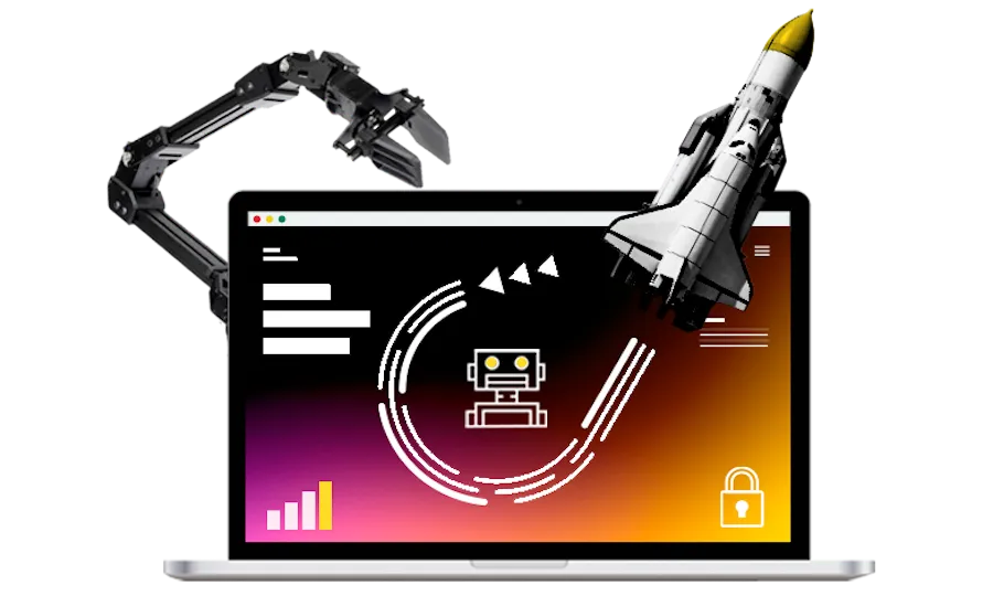 Rocket ship and robot arm around a laptop