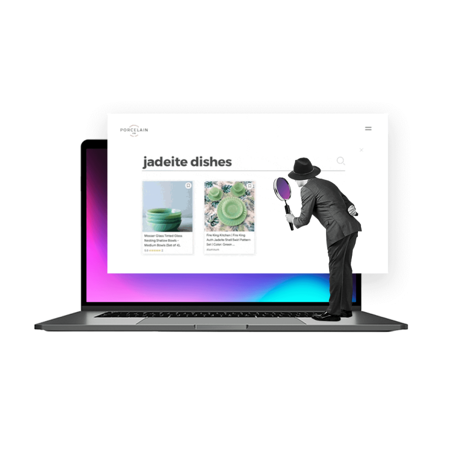 Man looking at browser window with magnifying glass