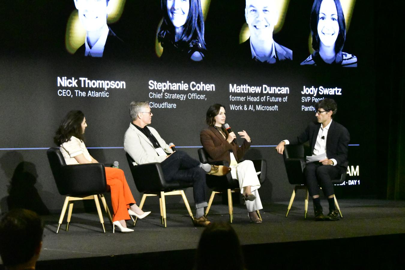 An image featuring four guests on stage, from left: Stephanie Cohen, Matthew Duncan, Jody Swartz and moderator Nick Thompson.