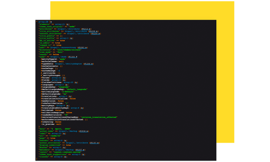 Dashboard screenshot: Drupal override of the function with Symfony var_dumper.