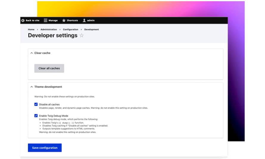 Dashboard screenshot: Developer settings for twig debugging.