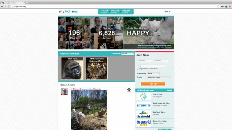Screenshot of myActions website home page