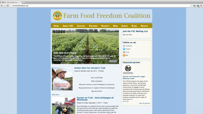 Screenshot of Farm Food Freedom Coalition website home page