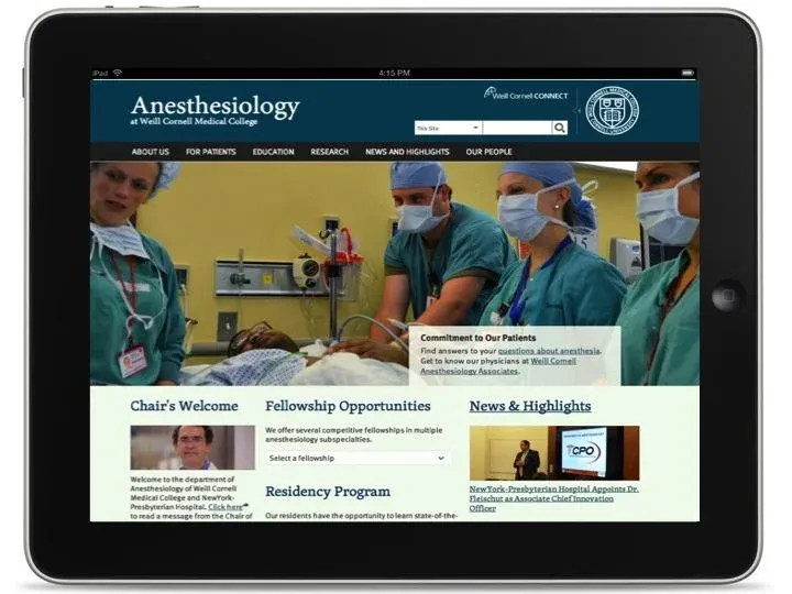 Weill Cornell Medical College website on tablet