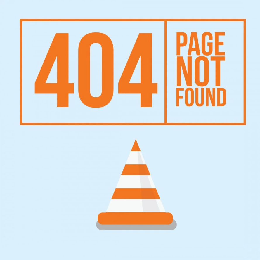 404 error page not found with orange and white striped cone on bottom