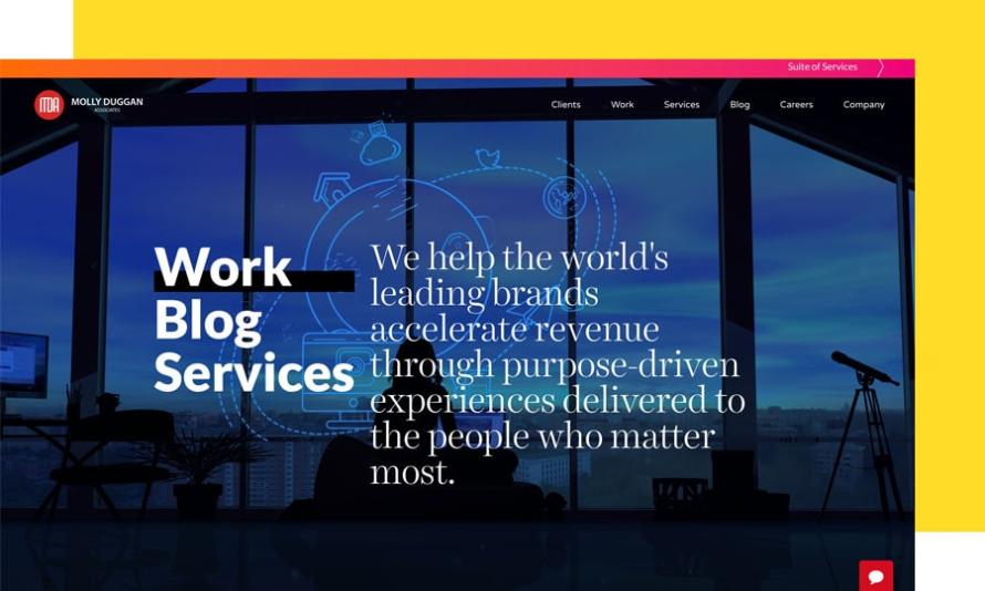 Screenshot of Molly Duggan's Website - Header Text of We help the world's leading brands accelerate revenue through purpose-driven experiences delivered to people who matter the most
