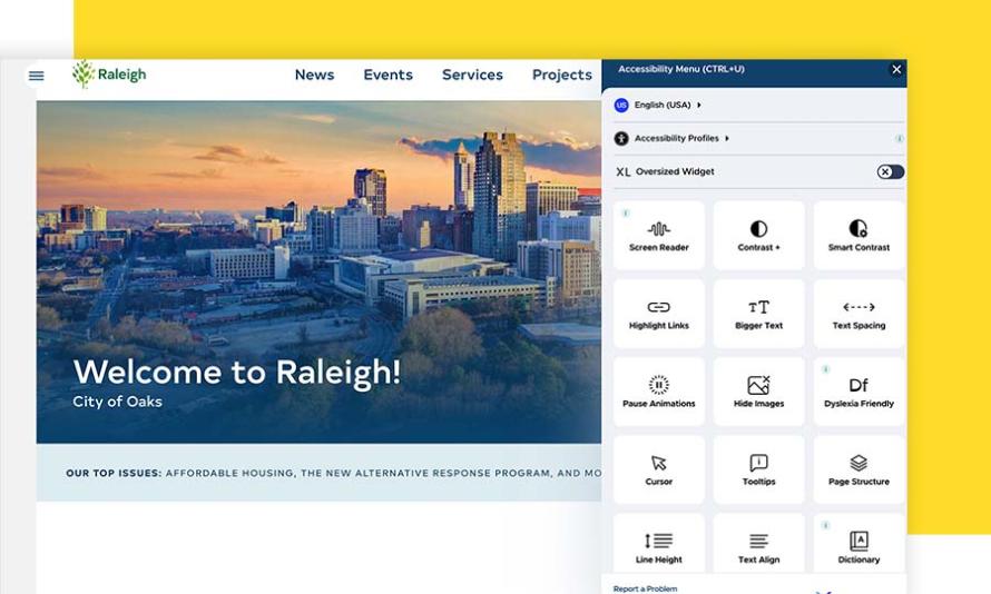 the City of Raleigh's homepage with an accessibility widget showing various options. 