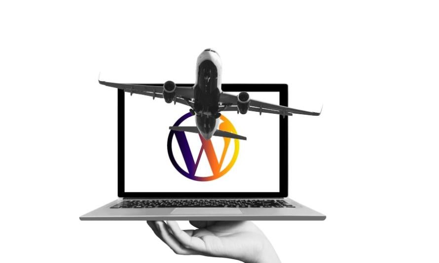 A collage featuring an airplane taking off the laptop screen with a WordPress logo in the background. 