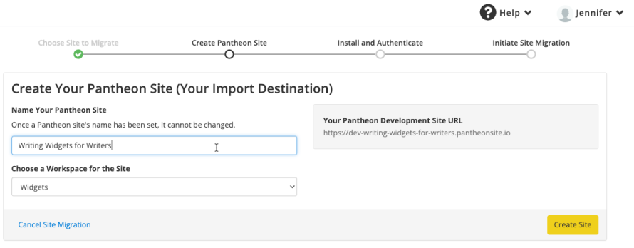 A screenshot of Pantheon’s plugin-supported WordPress website migration.