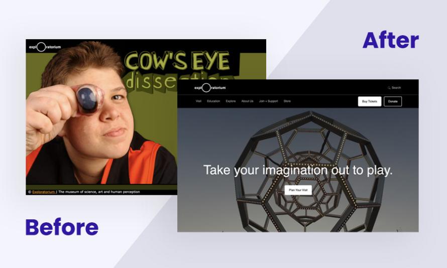 A collage showcasing the contrast between the web page from the 1990s and a present-day Exploratorium homepage.
