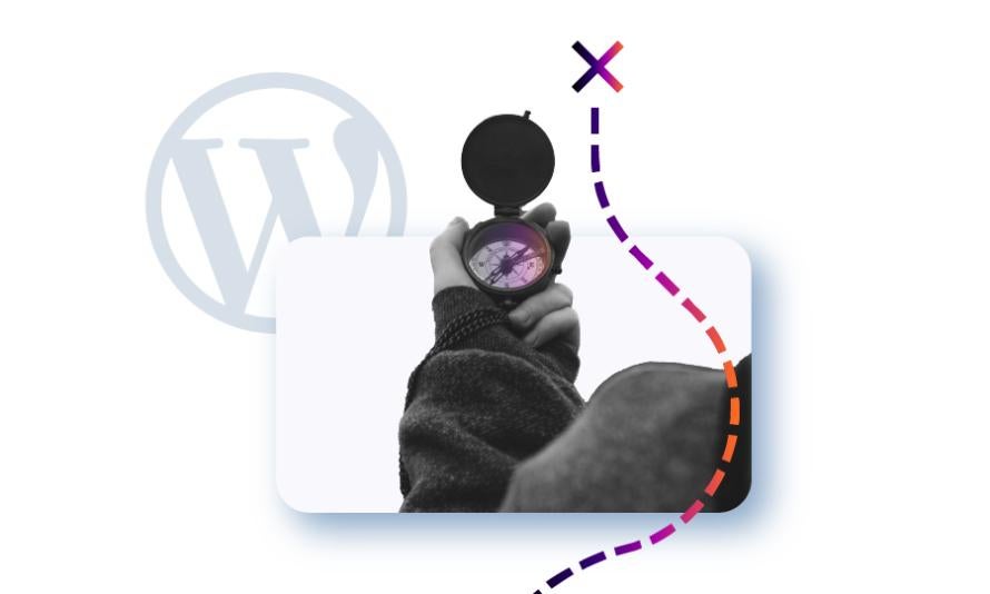 A colalge featuring a person's hand with a compass and the WordPress logo in the background. 