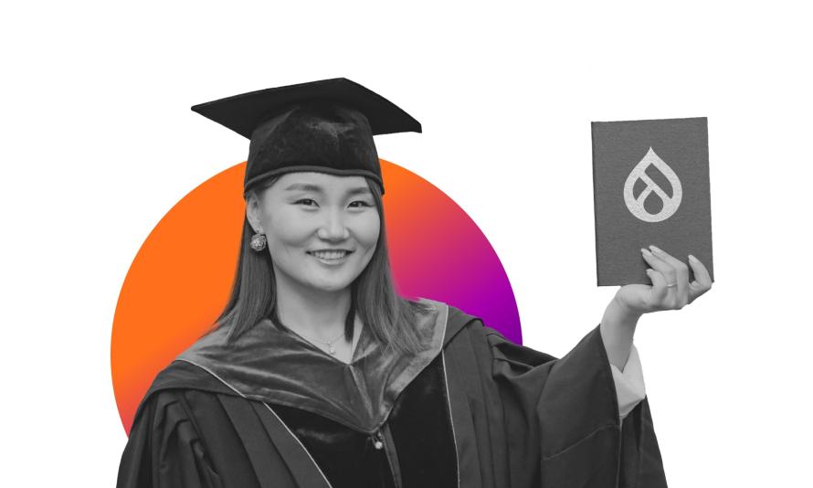 A collage featuring a student in a graduation garment with a Drupal-logo embossed diploma.