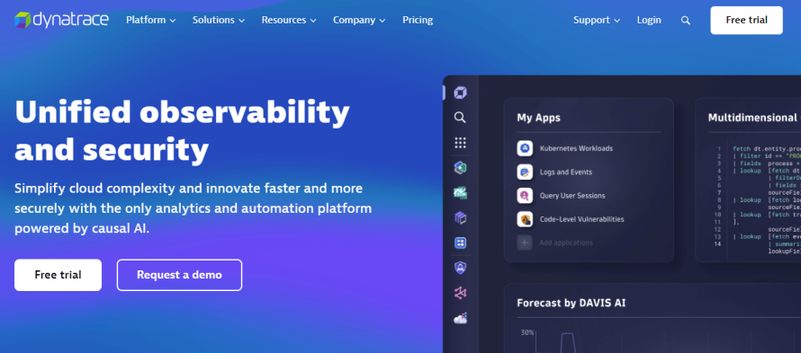A screenshot of Dynatrace's homepage. 
