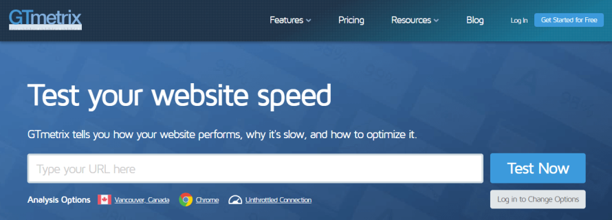 A screenshot of GTmetrix homepage. 