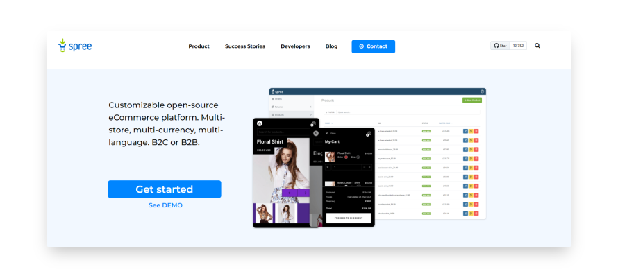A screenshot of the SpreeCommerce homepage. 