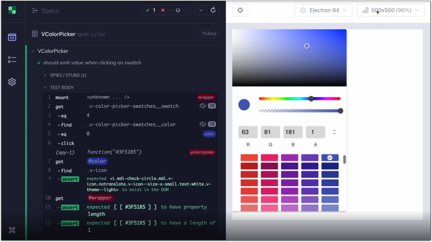 Component testing with Cypress.