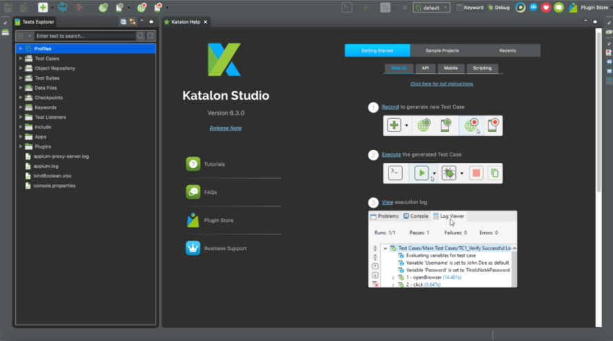 The Katalon Studio dashboard screenshot.