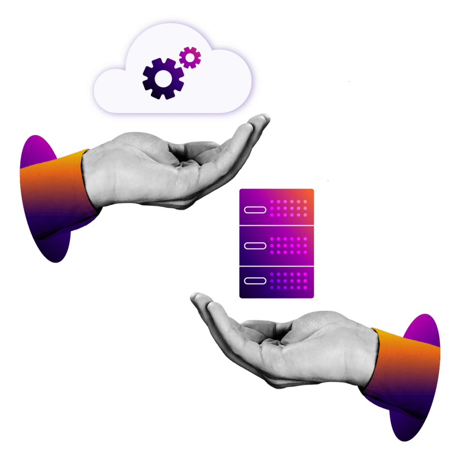 A collage featuring two hands holding icons symbolizing a choice between managed and self-hosting. 