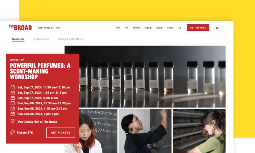 A screenshot of the Broad's museum web page featuring a perfume workshop.