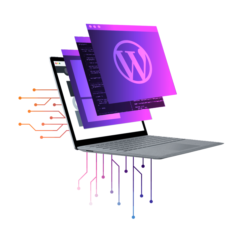 A collage featuring a laptop with multiple screens bearing the WordPress logo and wires.