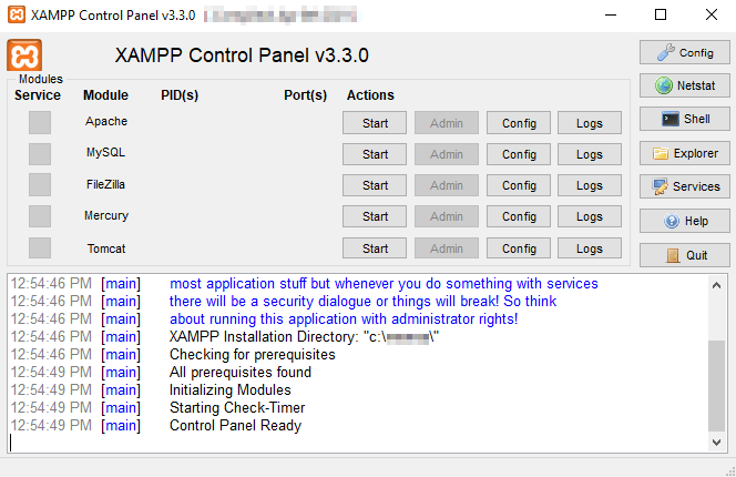 XAMPP’s control panel.