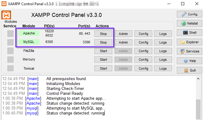 Starting the Apache and MySQL services from in the XAMPP control panel.