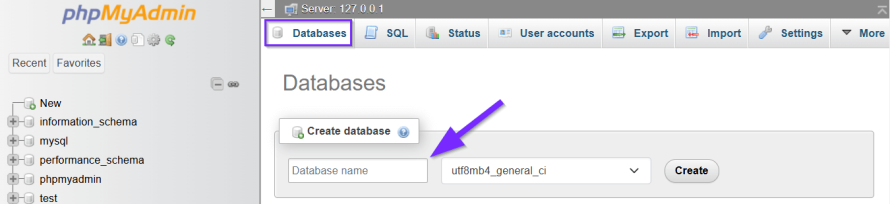 Creating a new database in phpMyAdmin