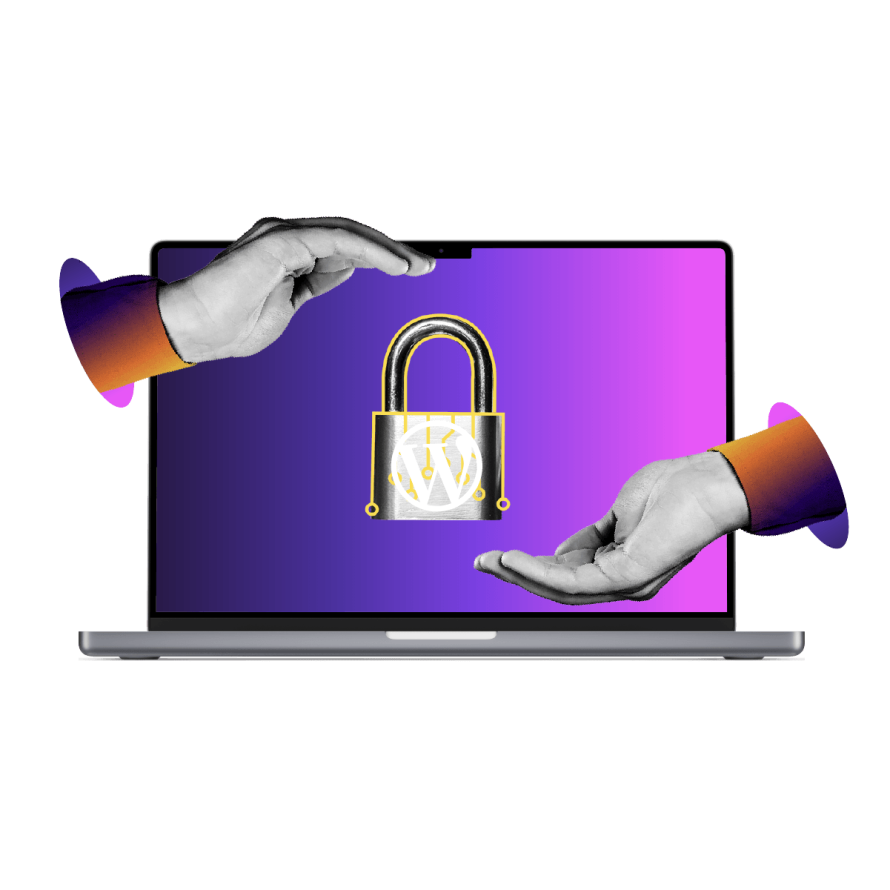 A collage featuring a WordPress logo engraved on a lock and cradled by a pair of hands. 