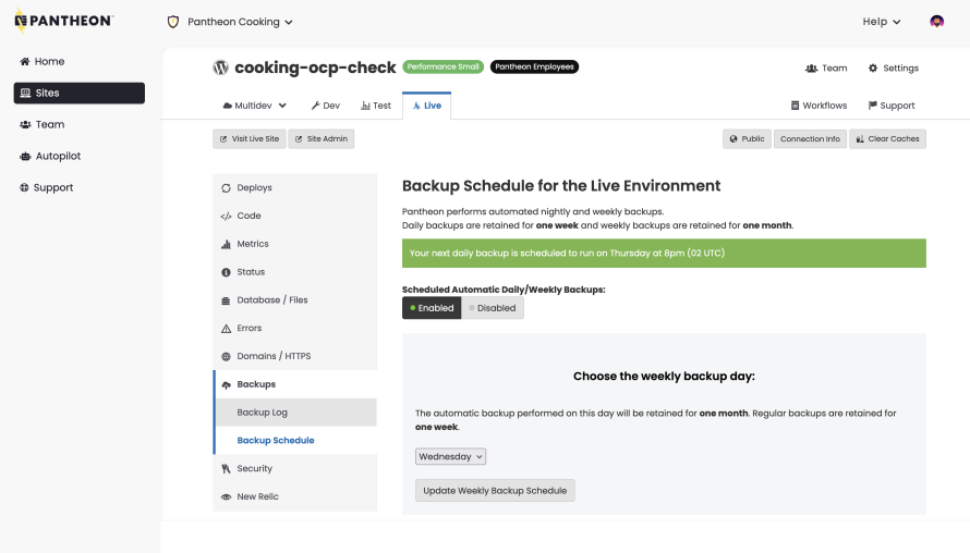 Pantheon's dashboard featuring scheduled backups