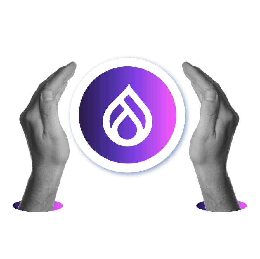 A collage featuring a pair of hands cradling the Drupal logo