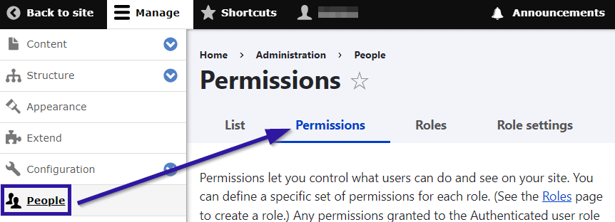 Accessing the "Permissions" settings in Drupal.