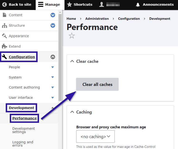 Clearing all caches in Drupal.