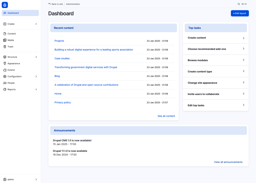 Drupal CMS admin dashboard