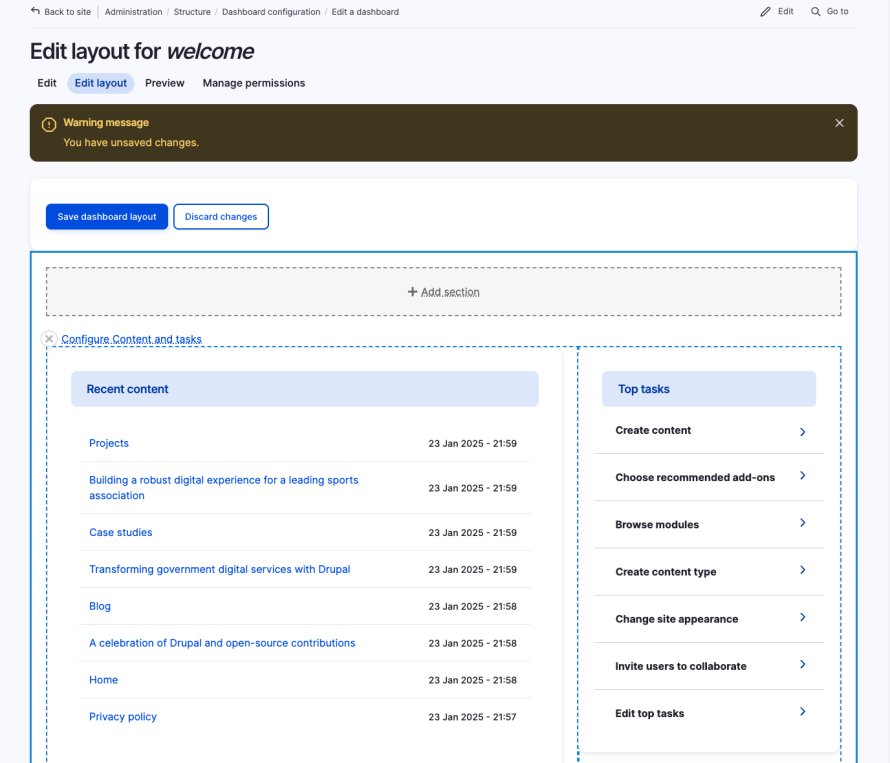 Drupal CMS edit dashboard layout