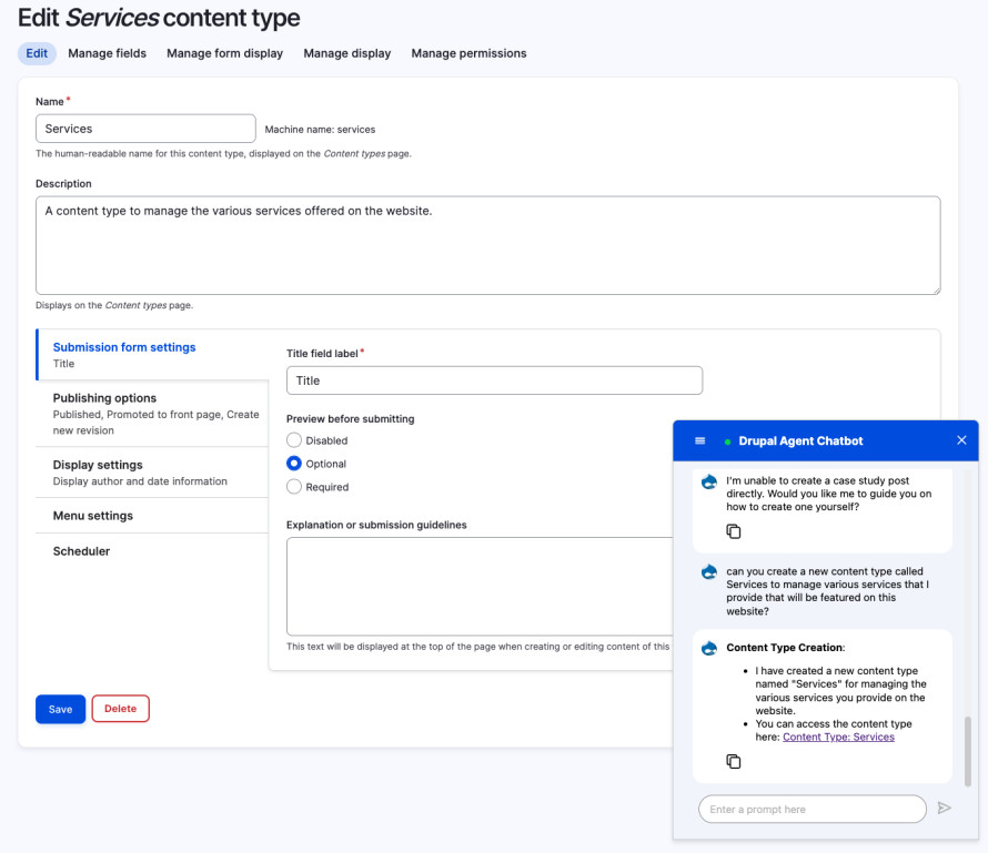 Drupal CMS AI Assisted Services content type