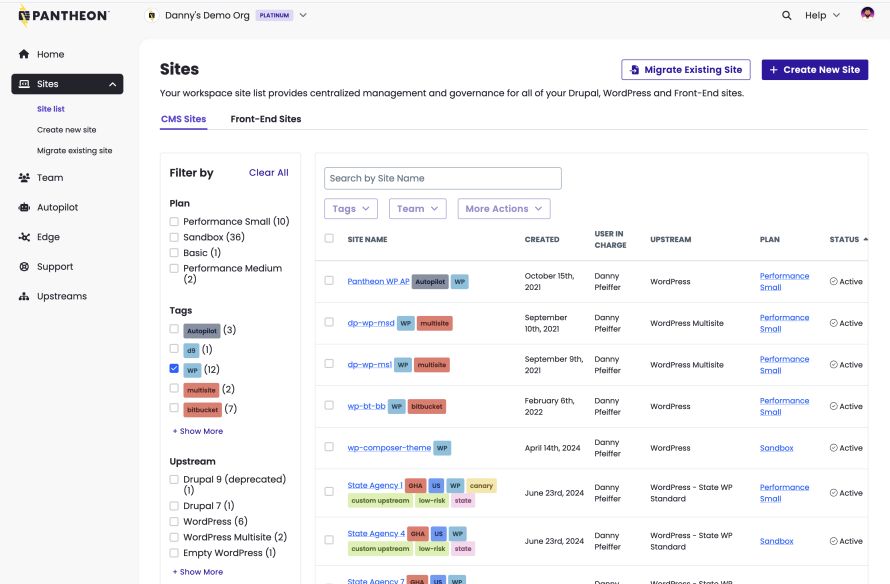 An example of the Pantheon dashboard with WordPress sites