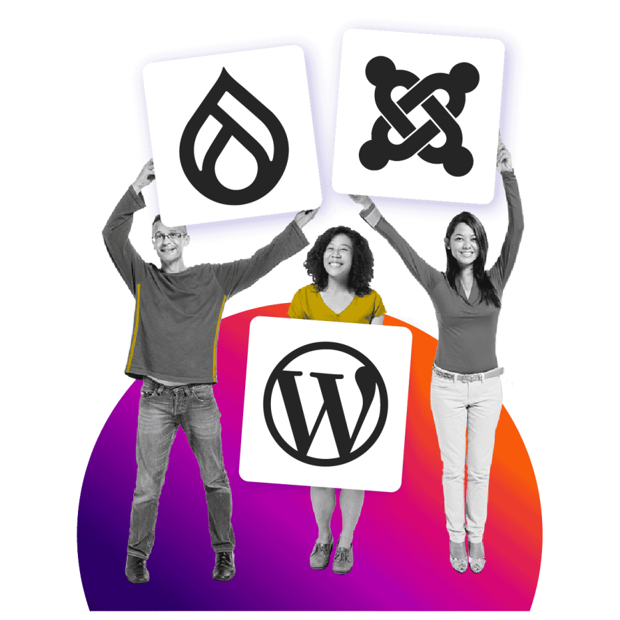 A collage featuring three people holding signs with Drupal, WordPress and Joomla logos.