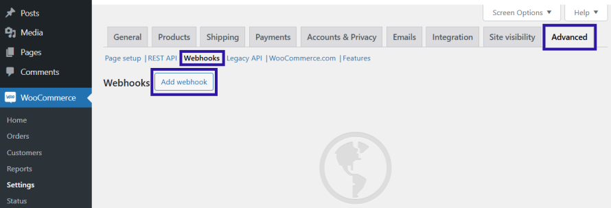 A screenshot of the WooCommerce webhooks settings showing how to add a new webhook.